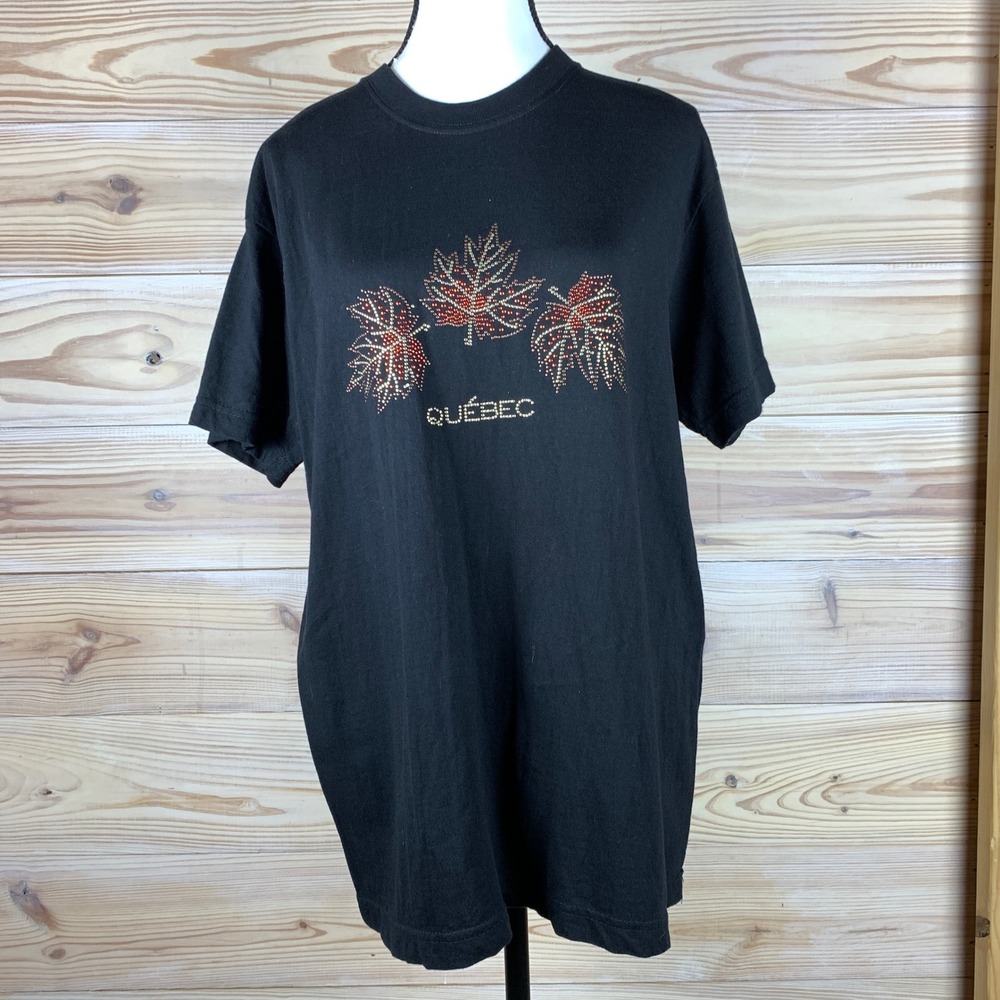 Quebec Maple Leaf Rhinestone Shirt Ideal Supreme Women Medium Black Souvenir